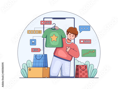 Illustration of live commerce or livestreaming selling, with a person showcasing products to the viewer and interacting in real-time. 
brings together entertainment and retail in a digital experience
