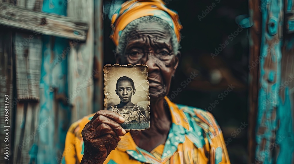 Elderly dark-skinned woman holding an old photograph Elderly dark-skinned woman holding an old photograph