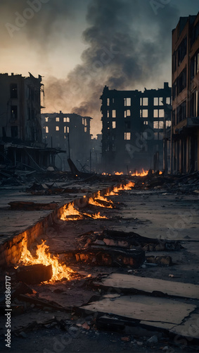 Desolate cityscape ravaged by fire  with empty streets and flickering flames casting eerie shadows against crumbling buildings  a haunting reminder of devastation.