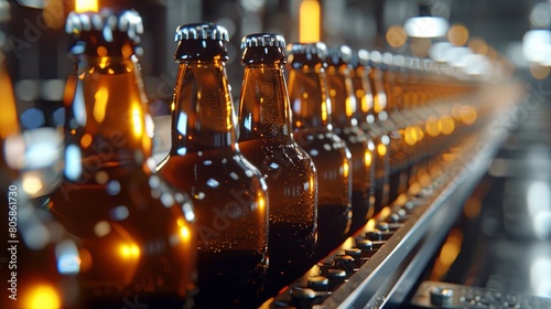 Industrial beer bottling line in a brewery with amber bottles photo