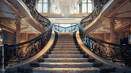 A lavish staircase with intricate ironwork in an opulent hotel lobby, with a crystal chandelier hanging overhead. photo
