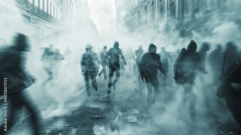 blurred figures running in a smoky street, riot or evacuation scene 