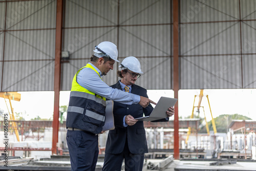 Two manufacturing engineers using computer notebook to check production system in construction factory. Factory owner and his civil engineer using laptop to design production and management systems.