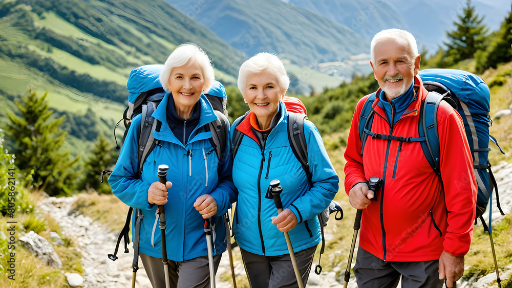 Senior people are hiking the mountain, old people healthy life, AI generated