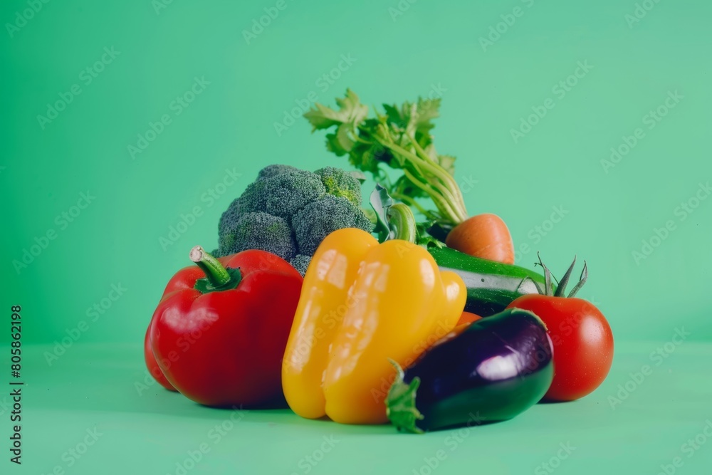 colorful garden vegetables isolated on a vibrant green gradient background colorful garden vegetables isolated on a vibrant green gradient background