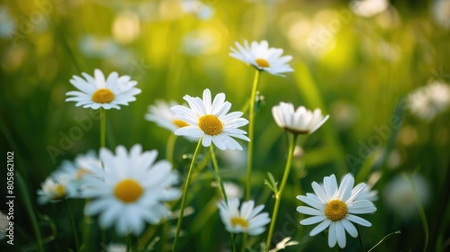 Beautiful chamomile flowers in meadow. Spring or summer nature scene with blooming daisy in morning