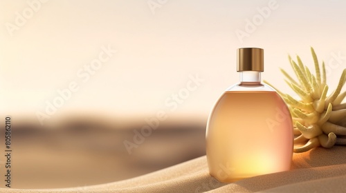 Elegant tan oil bottle with a sleek, minimalist design, set against a softfocus sandy beach backdrop, sunlit for a summer vibe