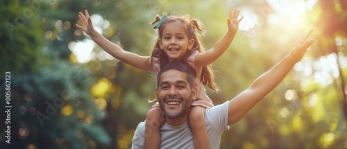father, daughter on shoulders in park with smile and show hands up flying, airplane game or piggyback in nature on holiday