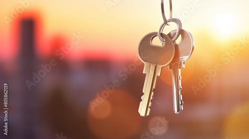 Key handover closeup, blurred house background, soft sunset glow, creative real estate agency banner