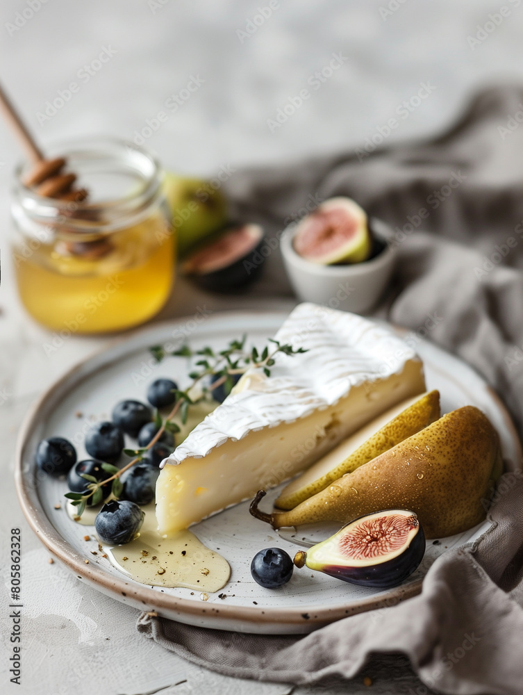 breakfast with brie cheese on a plate, pear, figs, mint, blueberries and a jar of honey on a light background, minimalism