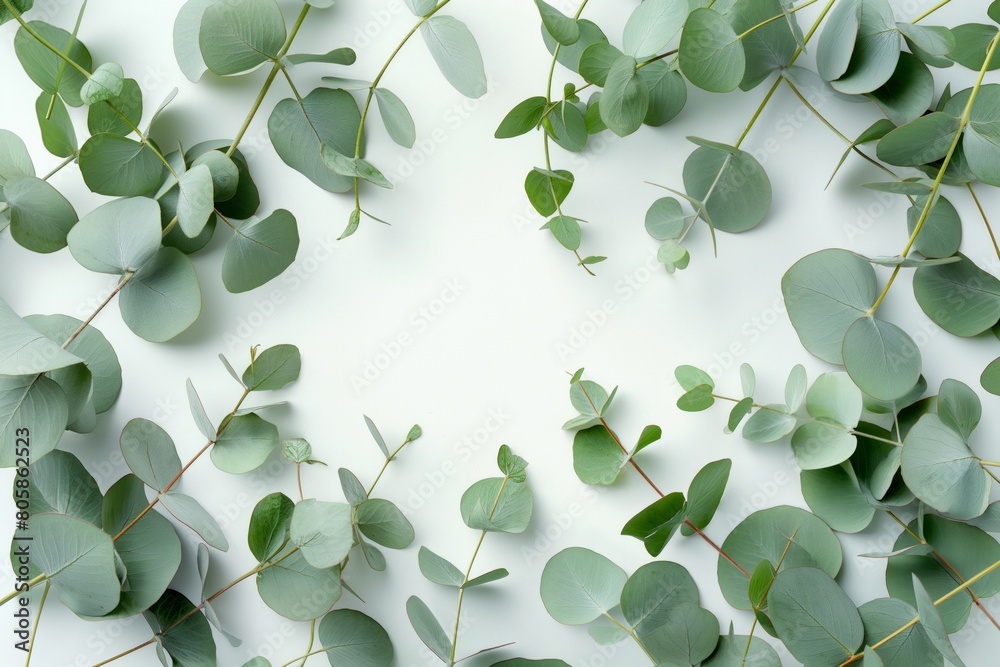 Eucalyptus leaves scattered on white background Eucalyptus leaves scattered on white background
