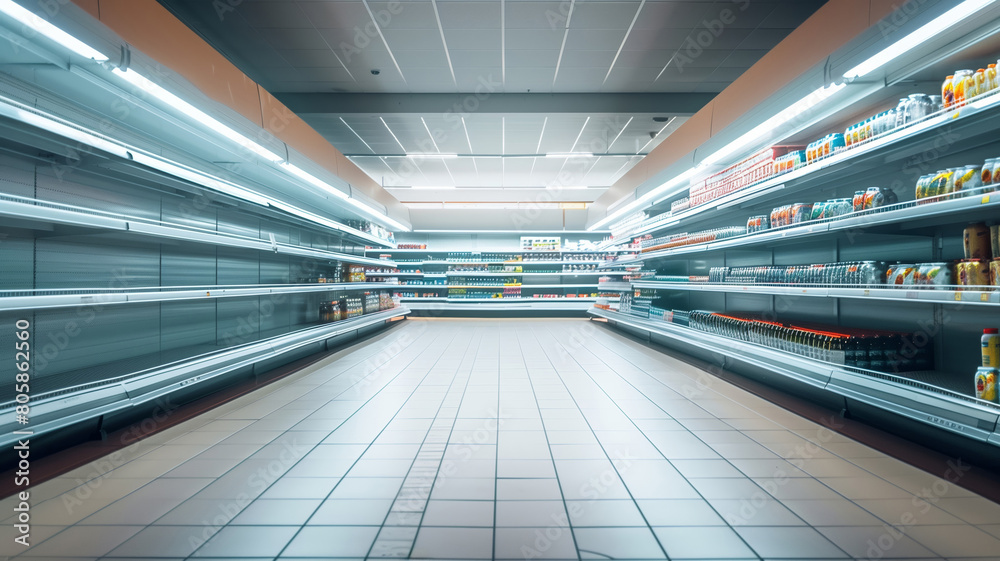 Obraz premium empty grocery shelves, panic buying concept, background with empty space for text 
