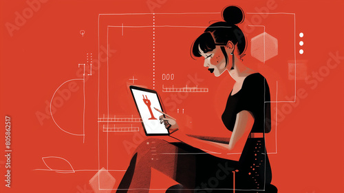 illustration of a young woman using a tablet computer with a red background