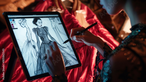 fashion designer makes a sketch on a digital tablet with a stylist