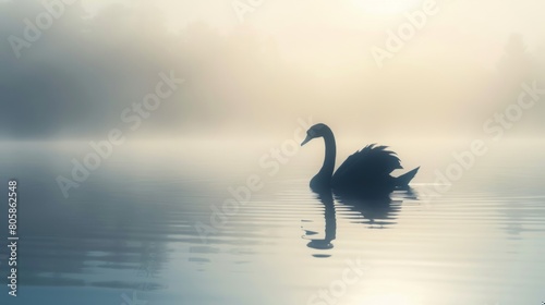 elegant black swan on a misty lake  graceful silhouette in the morning light 