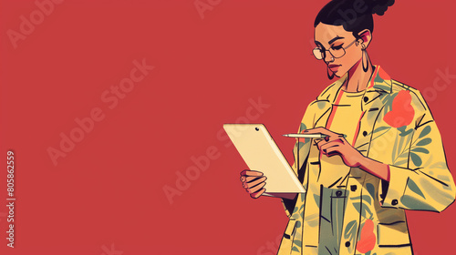 illustration of a woman using a digital tablet on a red background