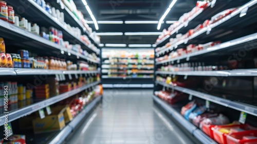 empty grocery shelves, panic buying concept, background with empty space for text  photo