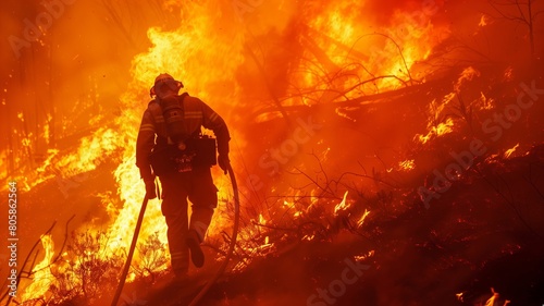 firefighter battling large forest fire at dusk, intense orange flames 