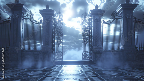 Fantasy portal to heaven with glowing golden gate entrance, 3d render
