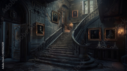 A mysterious, dimly lit staircase in a gothic mansion, with portraits of ancestors hanging on the walls.
