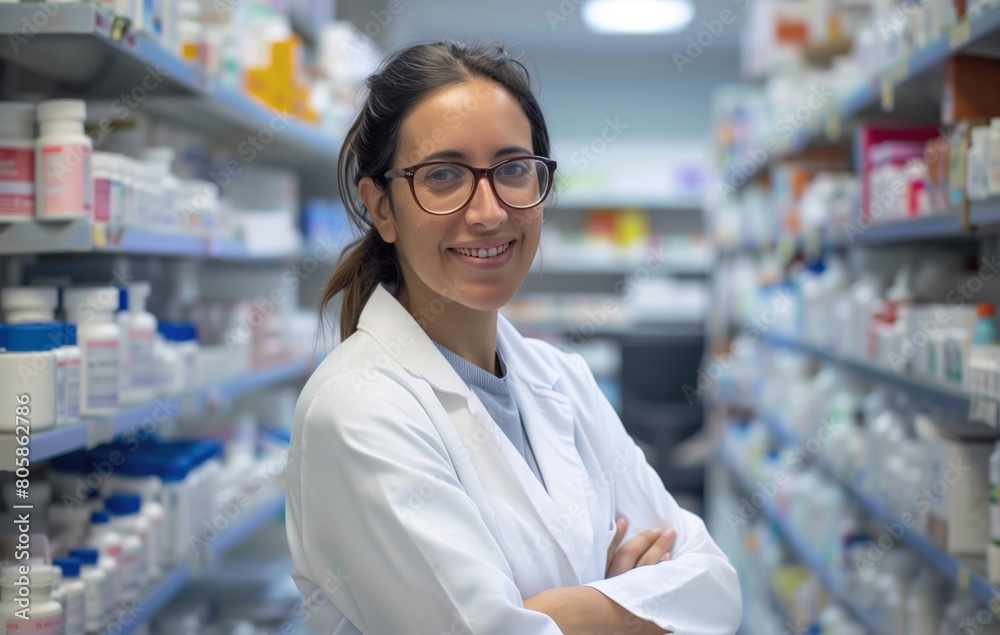 Smiling Female Pharmacist in White Coat at Pharmacy