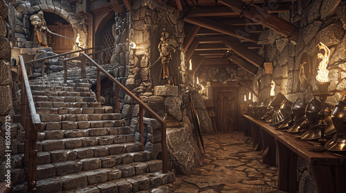 A rustic stone and wood staircase in a medieval castle, with torches lighting the way and armor displayed along the walls.