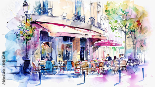 hand-painted watercolor illustration of a classic Parisian caf   scene during spring 