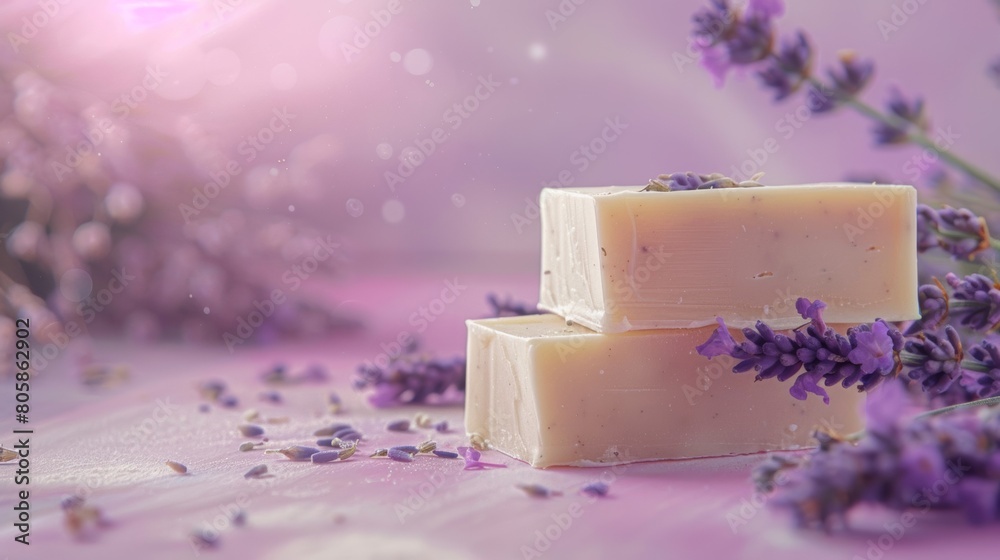 handcrafted lavender soap on lavender background 