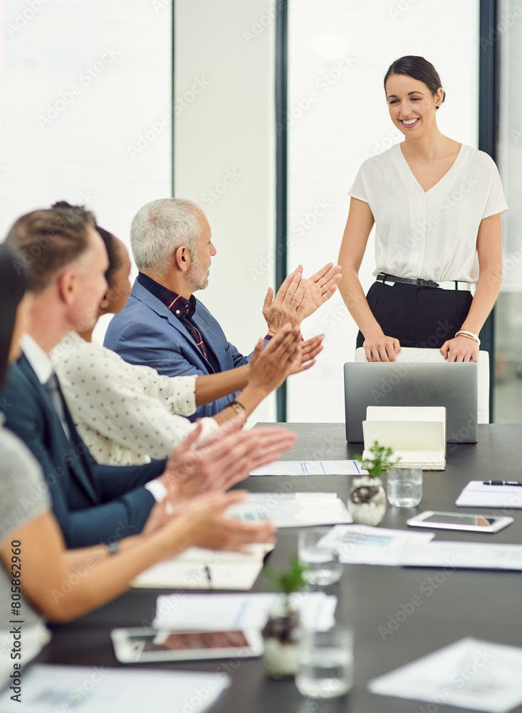 Office, business people and applause for woman after presentation, success and company achievement. Professional, hr team or employee in meeting while clapping hands, support and victory in workplace Office, business people and applause for woman after presentation, success and company achievement. Professional, hr team or employee in meeting while clapping hands, support and victory in workplace