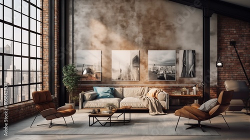 This mock up poster features a vintage hipster loft interior with a 3D render. photo