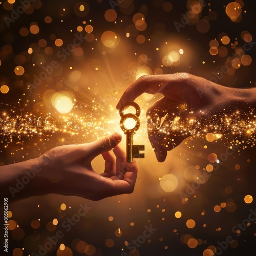 Hands pass a glowing key over a golden blurred background