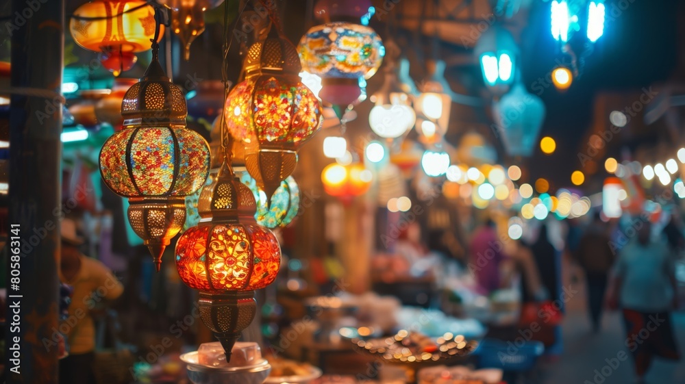 lantern-lit stalls sell traditional sweets at a Ramadan market, bustling night scene lantern-lit stalls sell traditional sweets at a Ramadan market, bustling night scene