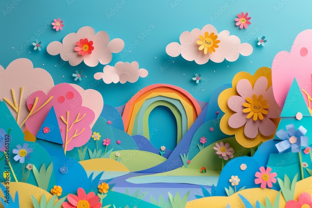 Immerse yourself in the joyous atmosphere of a festival with intricate paper art decorations depicting nature and rainbows for International Childrens Day Immerse yourself in the joyous atmosphere of a festival with intricate paper art decorations depicting nature and rainbows for International Childrens Day