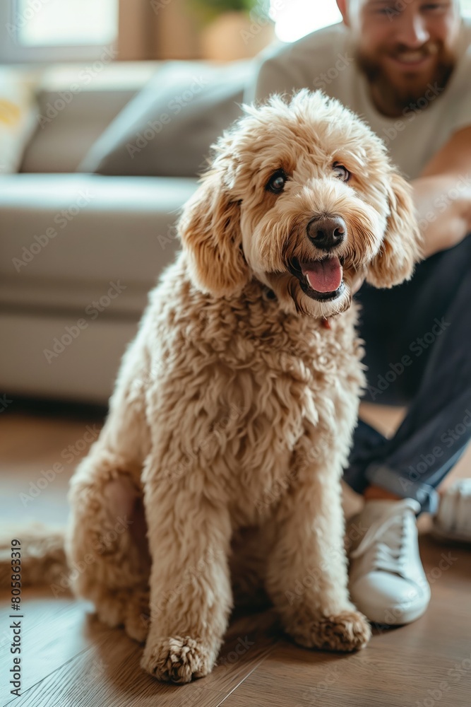 Relaxed Man with His Friendly Goldendoodle Lying on Living Room Rug