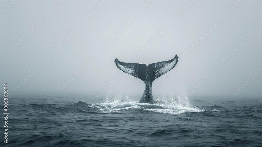 Fototapeta premium Majestic whale tail emerging from misty waters