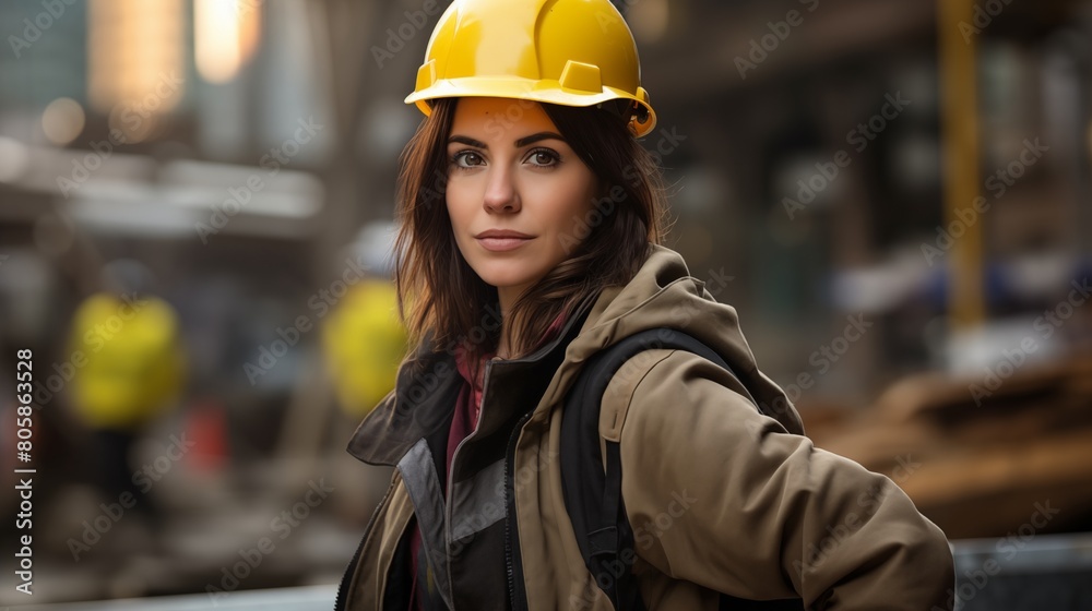 Woman Wearing Hard Hat and Yellow Jacket at Worksite. Woman Wearing Hard Hat and Yellow Jacket at Worksite.