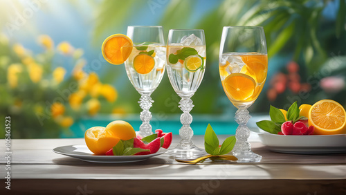glass of sparking water and orange, party table setting, fancy glass, AI generated