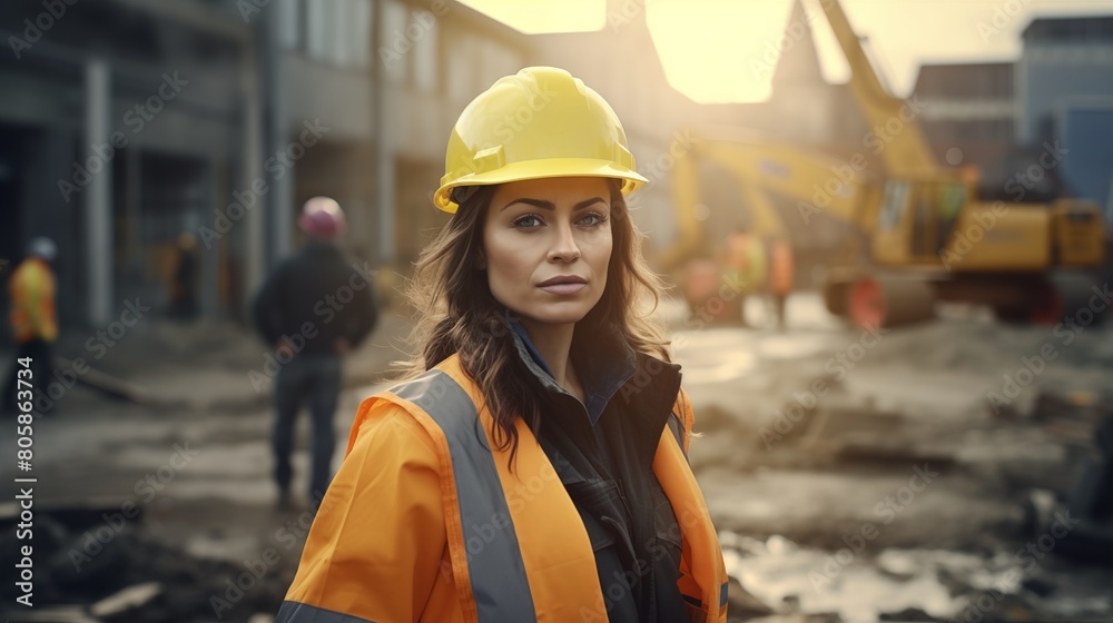Woman Wearing Hard Hat and Yellow Jacket at Worksite. Woman Wearing Hard Hat and Yellow Jacket at Worksite.