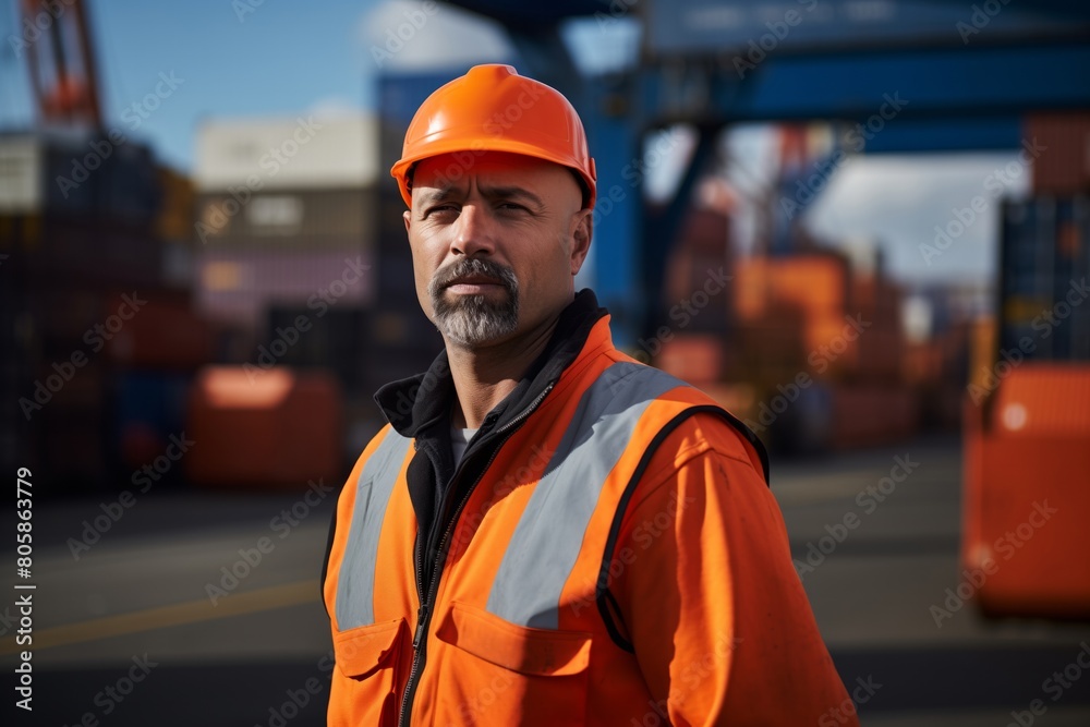 Determined Construction Worker at Shipping Port Determined Construction Worker at Shipping Port