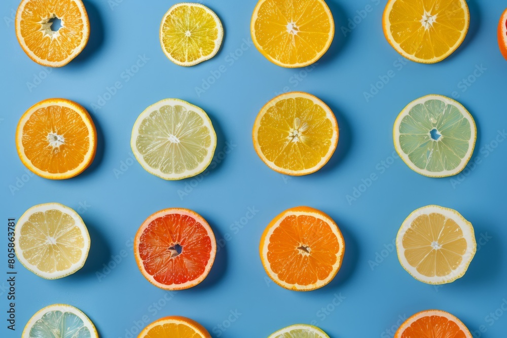 overhead layout of various citrus slices on a blue background, colorful and refreshing overhead layout of various citrus slices on a blue background, colorful and refreshing