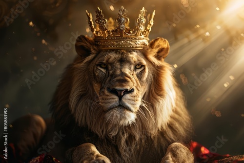 Portrait of a majestic animal wearing a royal crown in a regal pose  enveloped in golden cinematic light rays  sharpen banner template with copy space on center