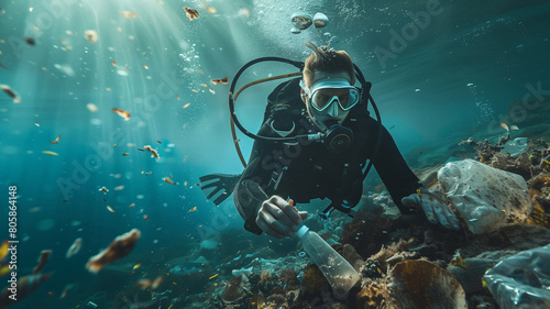 scuba diver collects plastic debris, clear blue water, environmental conservation theme 