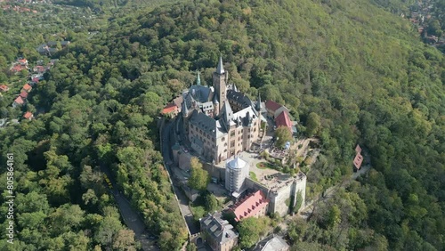 Aerial view of famous Castle Wernigerode, in beautiful golden evening light, Saxony-Anhalt, Germany. High quality 4k footage
