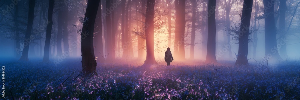silhouetted figure walks through misty bluebell woods at dawn, magical spring morning , empty space for text 
