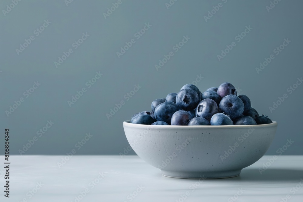 Fresh Blueberries in Ceramic Bowl on Cool Gray Background