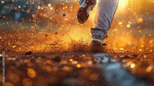 A baseball player running the bases, dust kicking up behind them