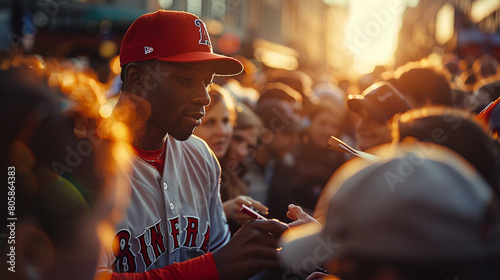 A baseball player signing autographs for a crowd of adoring fans photo