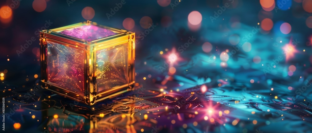 The glow of a scifi cube casts soft reflections on the shiny surface of a futuristic treasure chest