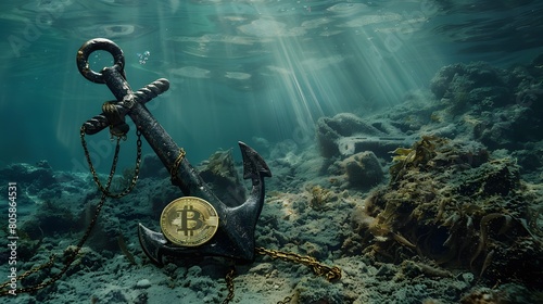 anchor resting on the ocean floor, its weight counterbalanced by a shiny coin, lost treasures waiting to be discovered by adventurous divers photo