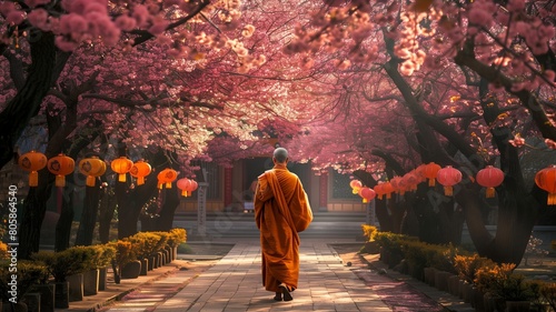 solitary monk walks through ancient temple gardens, cherry blossoms in full bloom  photo